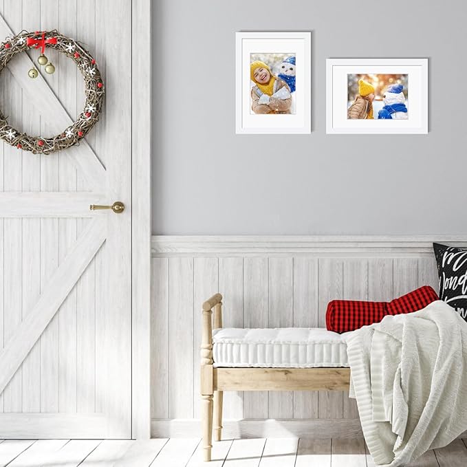 Egofine A4 Picture Frame White Covered by Plexiglass Made of Solid Wood, Display Pictures 4x6/6x8 with Mat or A4 Without Mat for Table Top and Wall Mounting