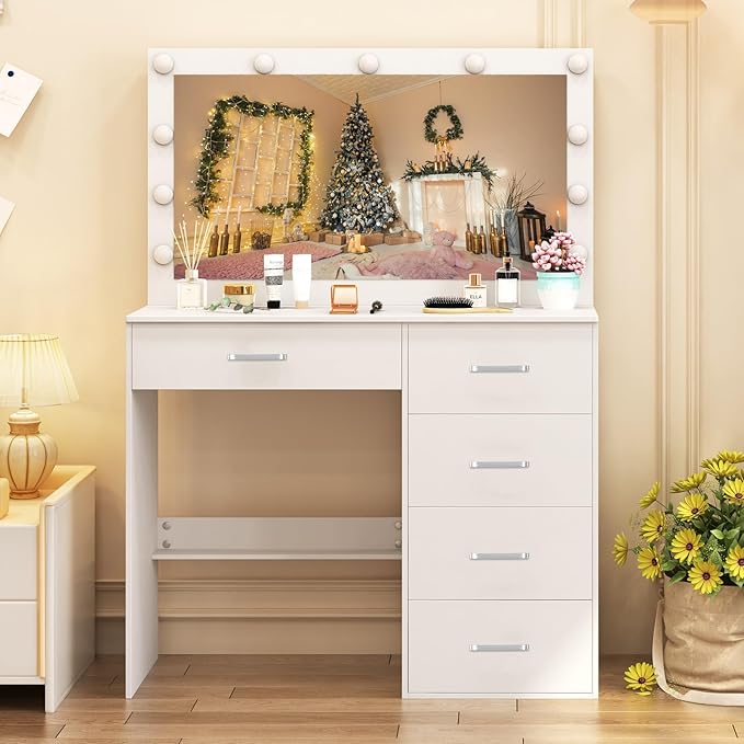 Makeup Vanity Desk with Large Mirror and Lights, White Makeup Vanity Table Set with Storage Drawers, Vanity with Lights for Bedroom, Dressing Table for Teen Girls and Women
