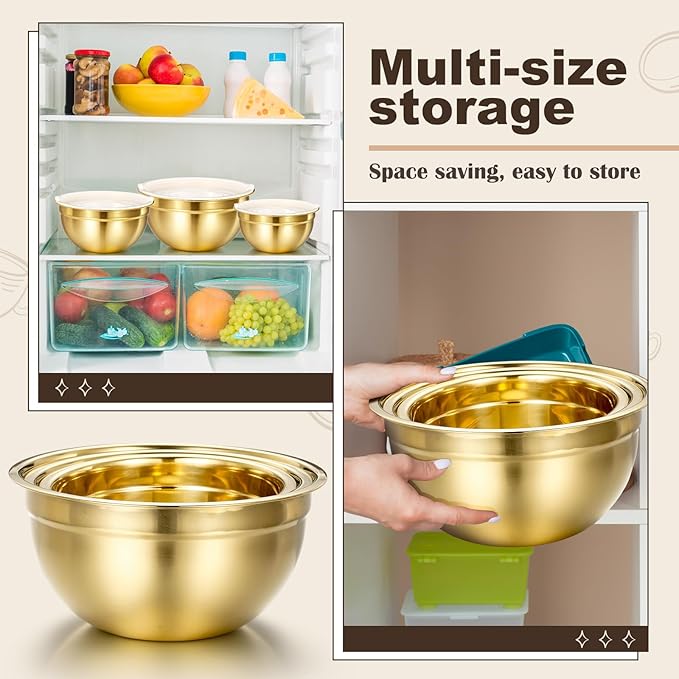 Baderke 7 Pcs Gold Kitchen Accessories Includes Stainless Steel Colander with Handles, 3 Gold Mixing Bowls with Airtight Lids and 3 Fine Mesh Strainer(Colander: 3 Qt, Mixing Bowls: 0.8/1/1.5 Qt)