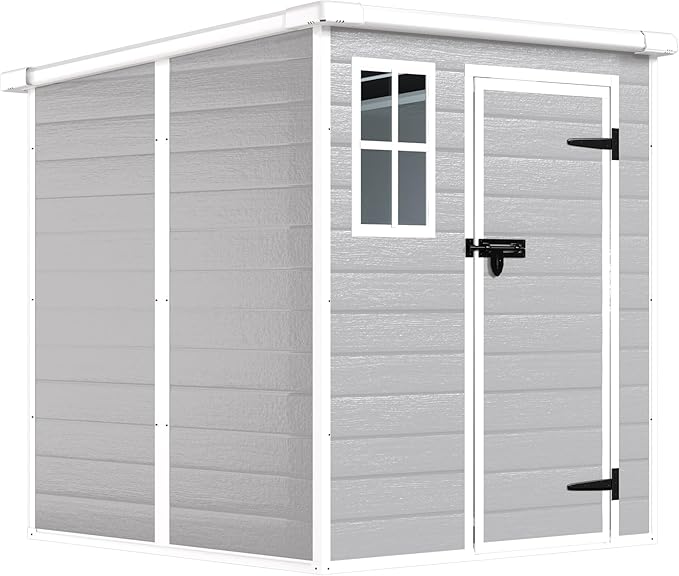 6x6 FT Outdoor Storage Resin Shed with Floor, Waterproof Plastic Garden Tool Shed with Windows, Vents & Lockable Door and Sloped Roof, Easy to Assemble Bike Shed for Patio, Backyard, Lawn, White+Gray