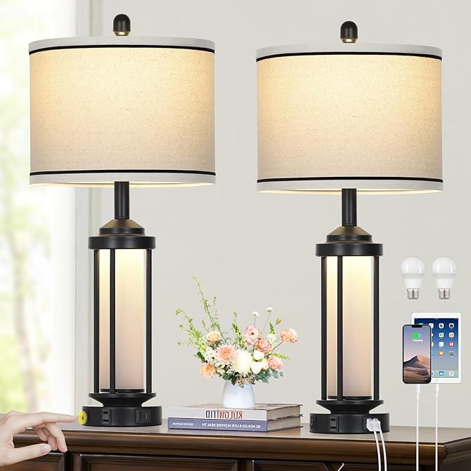 Table Lamps for Living Room Set of 2, Black Farmhouse Rustic Industrial Table Lamp with USB A+C Charging Ports & AC Outlet, 27" Modern Table Lamps with LED Night Light & Linen Fabric Lampshade