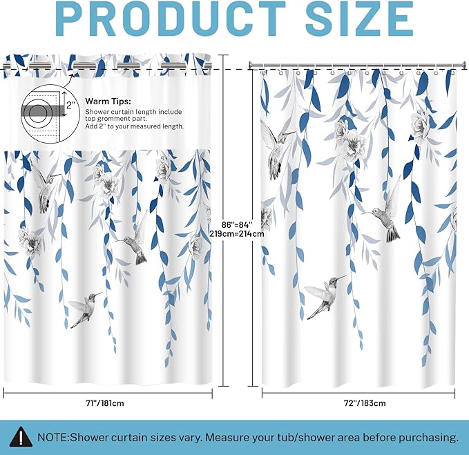 No Hook Shower Curtain with Snap in Liner - Fabric Waterproof Inner Liner, Plants Blue Floral Grey Nature Birds Cloth Shower Curtains Washable, 71 x 74 Inch