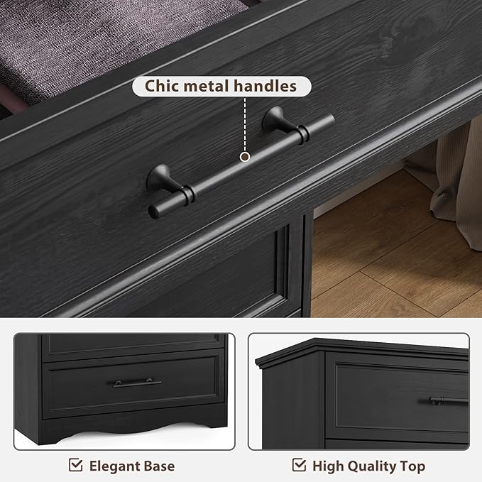 Black Dresser for Bedroom, Modern 6 Chest of Drawers, 44" Tall Chest of Drawers w/Brushed Metal Handle, Wood Closet Organizers and Storage Cabinet for Bedroom, Living Room, Hallway