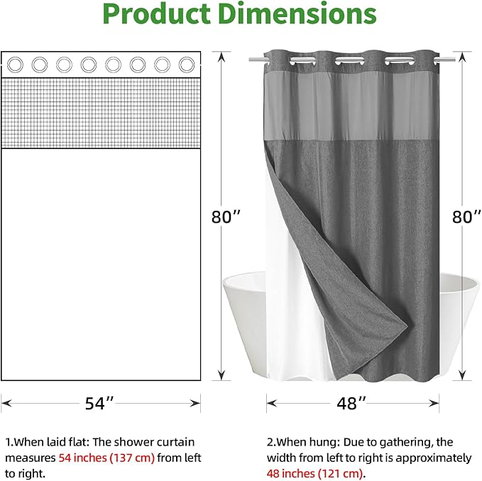 Stall No Hooks Needed Linen Textured Shower Curtain with Snap-in Fabric Liner Set,Hotel Luxury Decor Farmhouse Shower Curtains for Bathroom,Waterproof & Washable,54Wx80H,Charcoal Grey