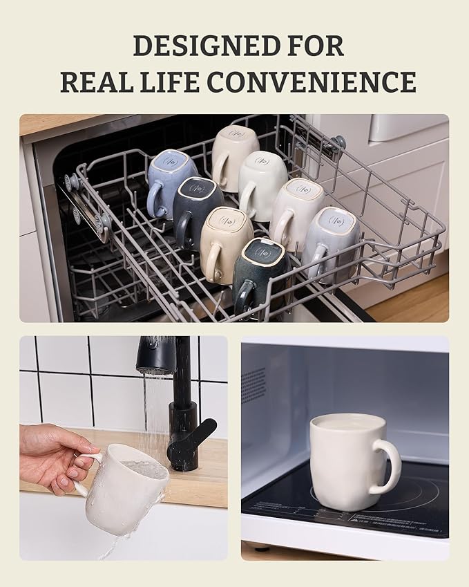 famiware Coffee Mugs Set of 4, Ocean Square 13oz Coffee Cup Set with Handle for Cocoa, Milk, Hot Chocolate, Tea, Water, Stoneware Cups for Kitchen, Microwave and Dishwasher Safe, Matte White