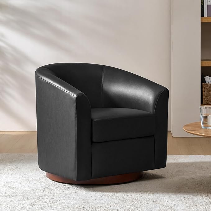 HULALA HOME Faux Leather Swivel Accent Chair with Solid Wood Base, Round Swivel Barrel Chair for Living Room and Bedroom, Black