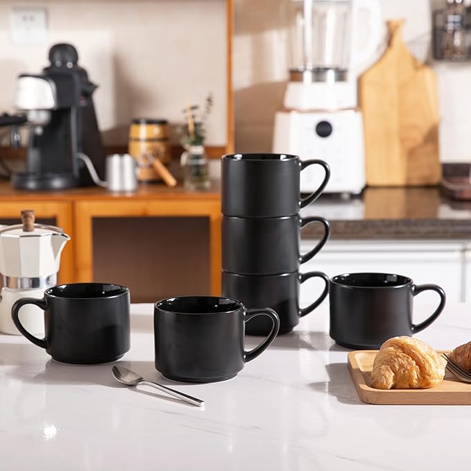 GBHOME 14 OZ Coffee Mugs Set of 6, Stackable Ceramic Mugs for Men, Women, Modern Coffee Cups With Stable Base for Latte, Tea, Cappuccino. Dishwasher & Microwave Safe, Matte Black