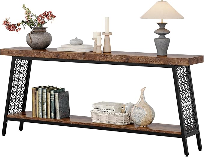 Tribesigns 70.9" Extra Long Console Table, 2-Tier Sofa Table with Storage, Industrial Entryway Table Behind Couch, Narrow Entrance Table for Hallway, Living Room, Rustic Brown