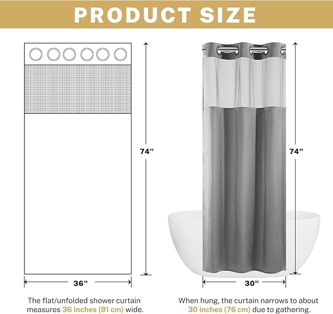 Small No Hook Shower Curtain with Snap in Liner, Polyester Textured Shower Curtain with Liner Set, Waterproof Washable Hotel Style Shower Curtains for Bathroom, 54Wx80H, Grey