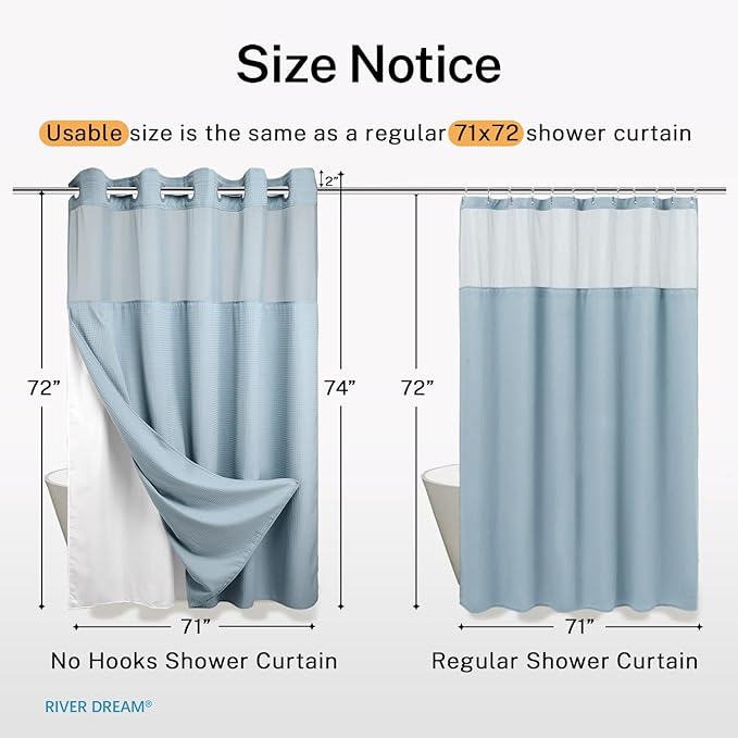 River Dream Heavyweight No Hooks Required Dotted Waffle Weave Shower Curtain with Snap in Liner - 71W x 74H,Hotel Grade,Spa Like Bath Curtain,Blue