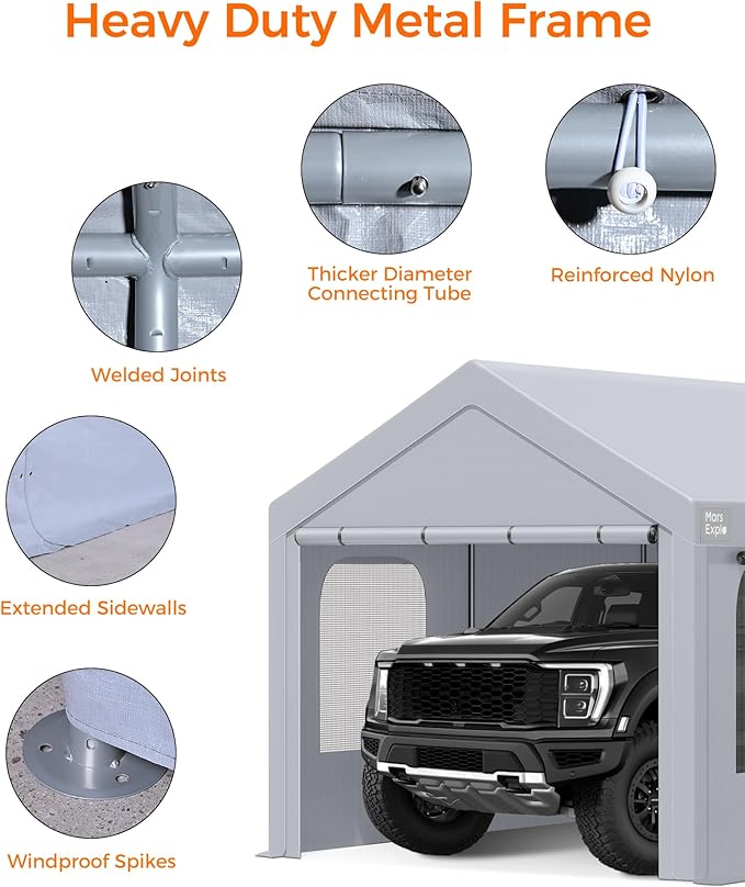 Carport, 12 x 20 FT Portable Garage Heavy Duty, Carport Canopy with Side-Opening Door & Roll-Up Windows, Car Canopy Reinforced with Extended Skirt and All Season Tarp for Car, Truck, Boat(Light Gray)