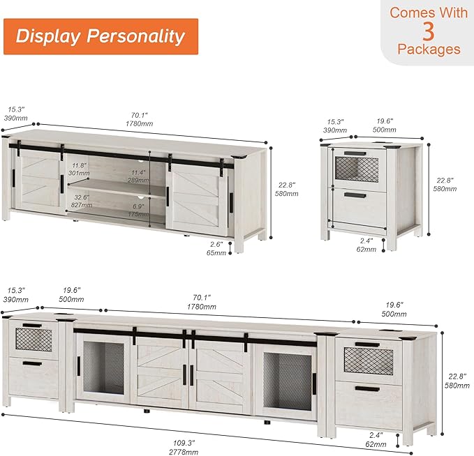 WAMPAT TV Stand Set for 85 inch TV with Charging Station, 3 in 1 Wood Entertainment Center TV Console Table for Living Room, Antique White