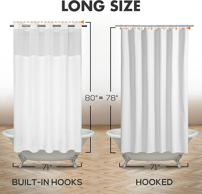 Long No Hook Slub Textured Shower Curtain with Snap-in PEVA Liner Set - 71" x 80"(78"), Hotel Style with See Through Top Window, Fabric Curtain & Waterproof Liner, White, 71x80