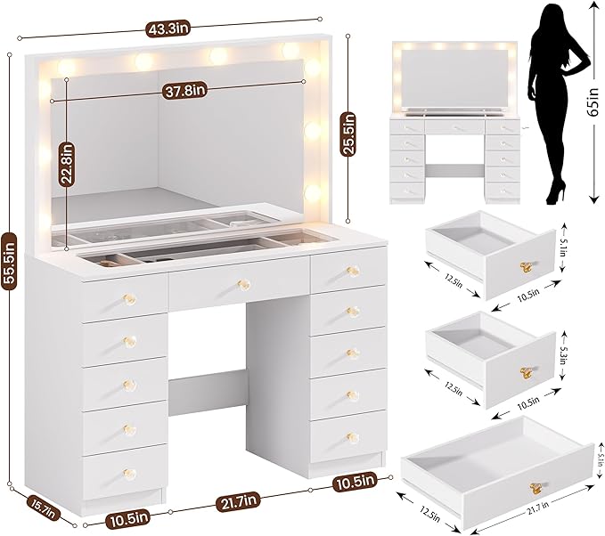 43.3" Vanity with Large Mirror and 10 LED Lights, Vanity Desk with Glasstop, 11 Drawers with Crystal Handles, Dressing Table with Power Outlet as Gift for Women, Girls (White)