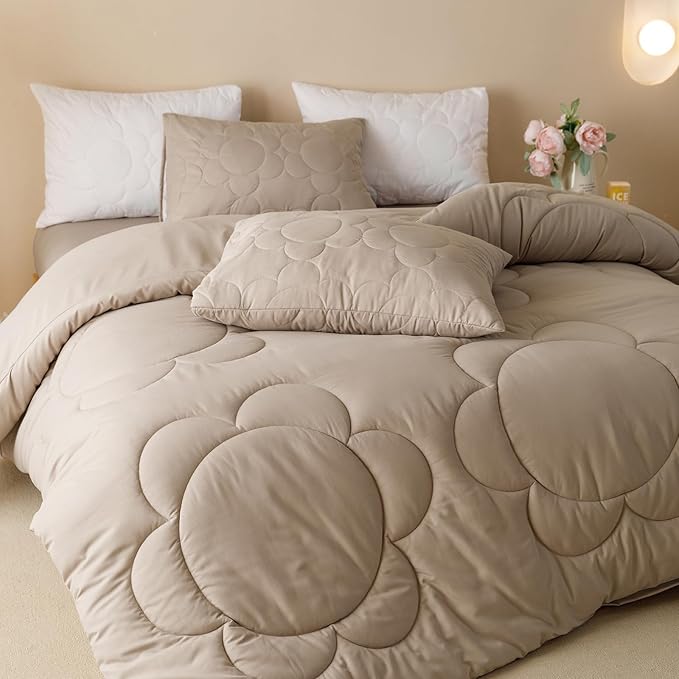 Luxlovery Beige Coffee Comforter Set Full Light Khaki Sunflower Bedding Comforter Mocha Coffee Bedding Comforter Set Boho Farmhouse Modern Bedding Set Full Size