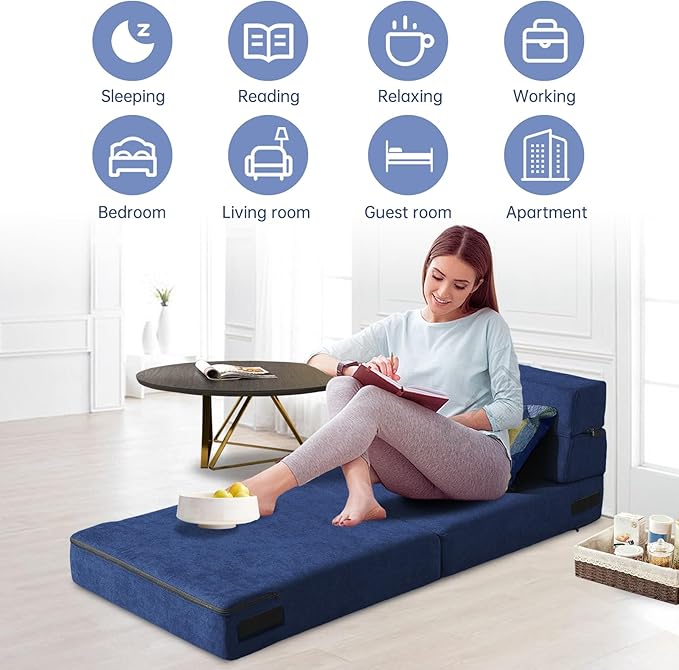 Folding Sofa Bed with Pillow Memory Foam Convertible Sleeper Chair Bed Couch Futon Lazy for Living Room/Home Office/Guest Beds/Apartment/Upstairs Loft,Single Size,Dark Blue