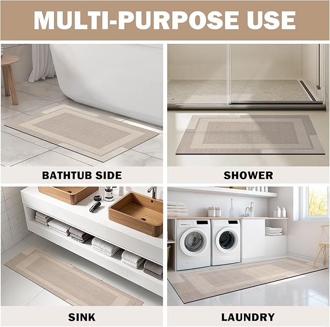 Non Slip Bath Mat, Rubber Backing Ultra Thin Bathroom Rugs Fit Under Door Quick Dry Super Absorbent Washable Bath Rug Shower Mat for Bathroom Floor Bathtub Shower Sink, Easy Care Beige 16"x 24"