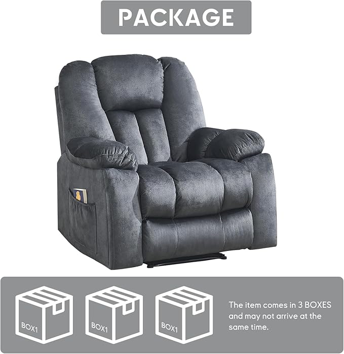 Phoenix Home Manual Recliner Chair for Adults with Massage and Heat, Overstuffed Fabric Reclining Chair, Oversized Recliners with 2 Cup Holders and Side Pockets for Living Room, Bedroom, Dark Grey