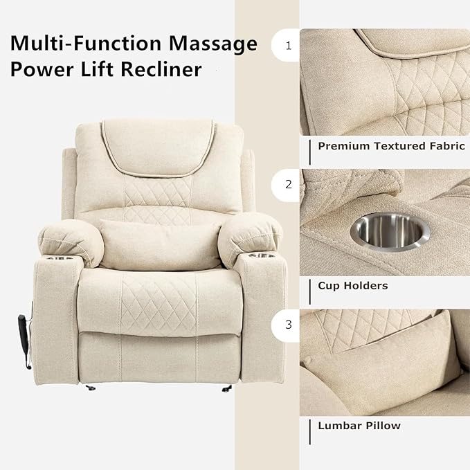 180 Degrees Lay Flat Lift Recliner Chair with Heat and Massage, Dual Motor Infinite Position Electric Power Lift Recliners for Elderly, Big Man Up to 400 LBS, Seniors, White