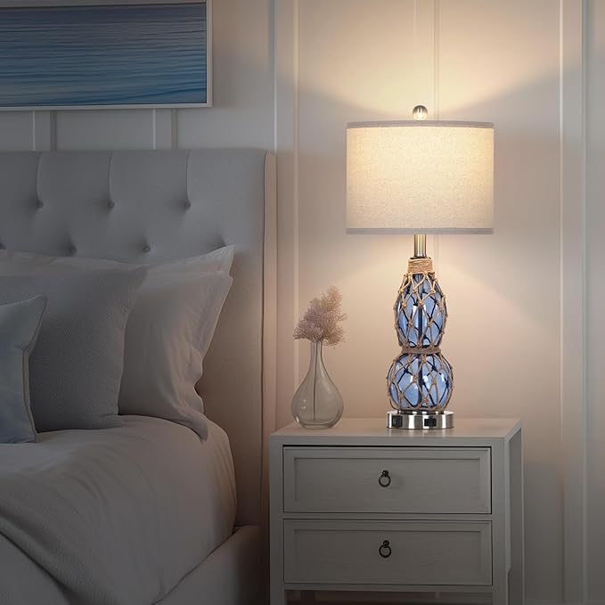 26" Coastal Glass Table Lamps Set of 2, 3-Way Dimmable Touch Lamps with USB Ports and AC Outlet, Nautical Bedside Lamps for Bedroom Living Room