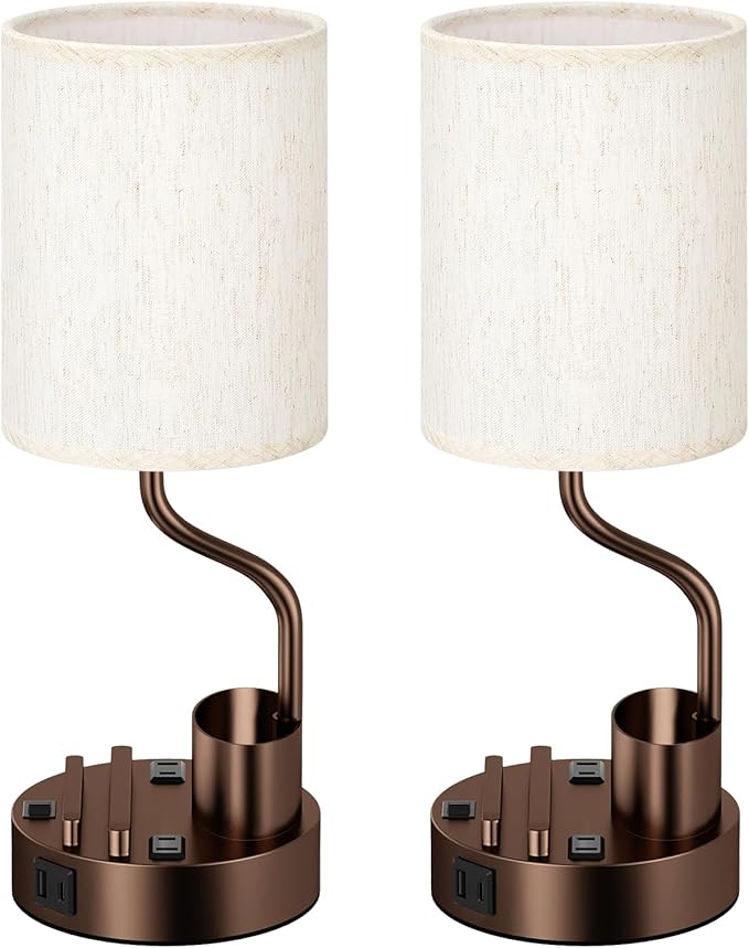 Bedside Table Lamps for Bedroom Set of 2 - Nightstand Lamp with AC Outlet Charging Port and USB A C, 3 Color Temperatures, Included Phone Holder & Pen Holder, Brown Night Stand Lamps for Guest Room
