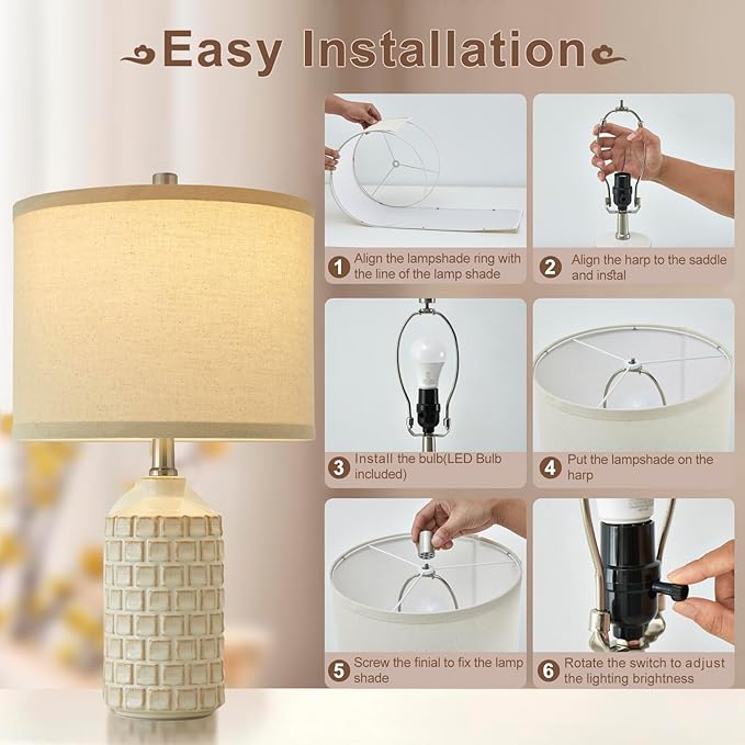 Luvkczc Vintage Farmhouse Table Lamp Set of 2, Grid Nightstand Lamp with Eye-Protecting Fabric Shade, 3-Color Temperature&2 Bulbs - Rustic Table Lamp Lamps for Living Room Bedroom Decor (21")