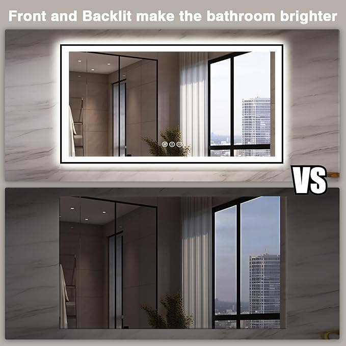 55x30 LED Bathroom Mirrors for Wall -Black Aluminum Framed (Front and Backlit), Anti-Fog Vanity Mirror With Lights,Stepless Dimmable Lighted Mirror,3 Colors Smart Mirror(Horizontal/Vertical)