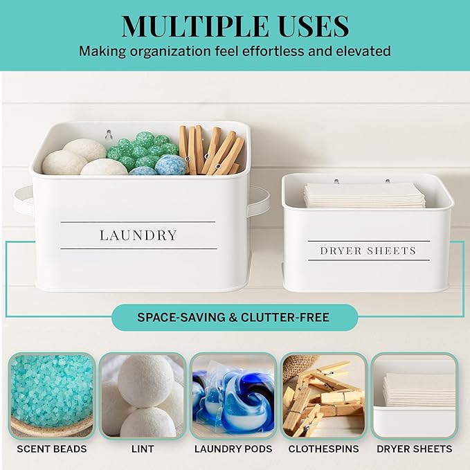 Metal Dryer Sheets Holder with Lid – Set of 2 Storage Bins for Laundry Room Organization & Home Decor – Classic White Metal Laundry Storage Containers with Lids - Sheet Organizers and Storage