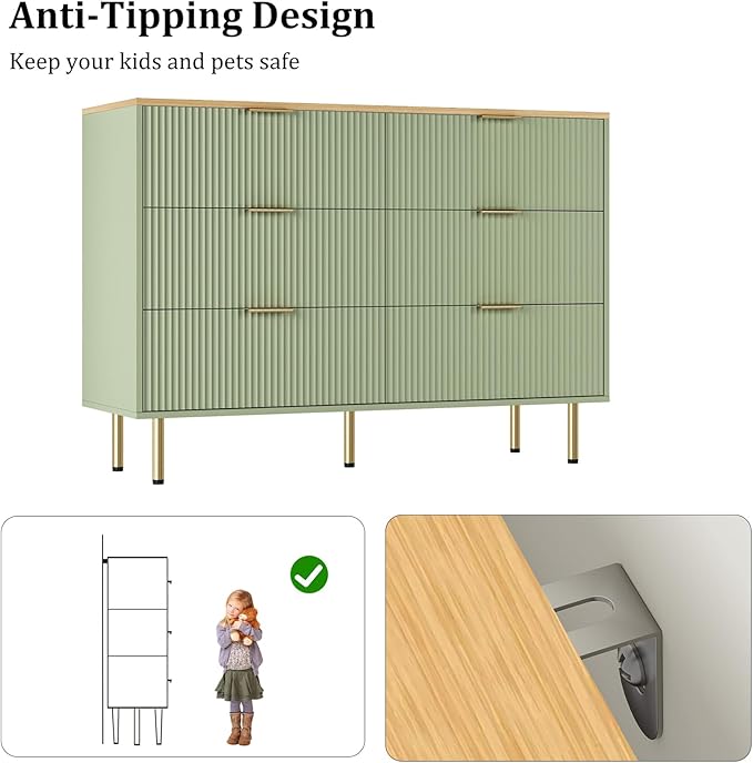 Fluted Wood Dresser 6 Drawers Dresser for Bedroom, Large Modern Chest of Drawers, for Bedroom, Living Room, Hallway, Entryway, Green and Oak