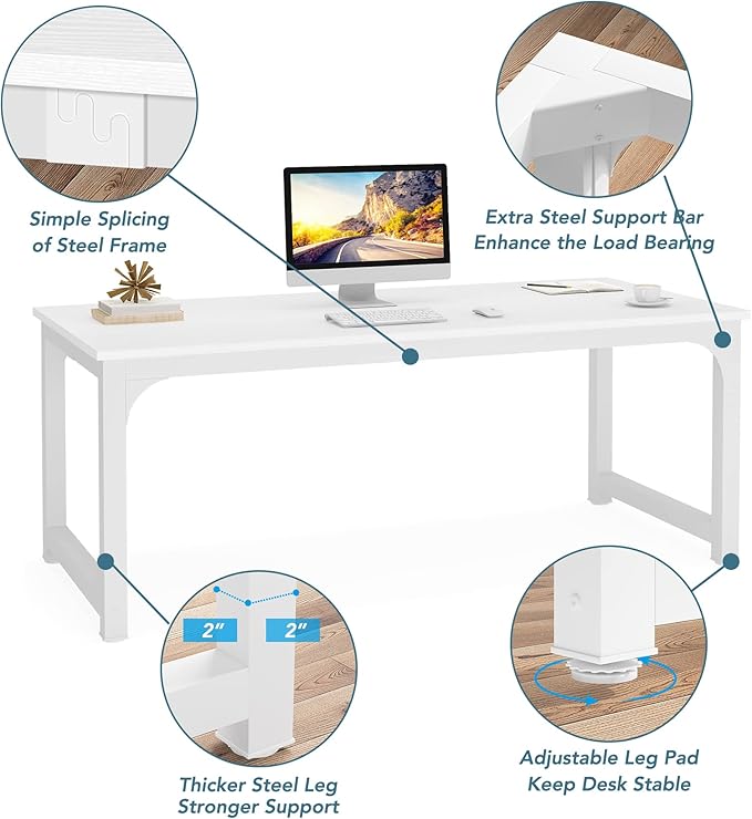 Tribesigns Modern Computer Desk, 70.8 x 31.5 inch Large Office Desk Computer Table Study Writing Desk Workstation for Home Office, White Metal Frame