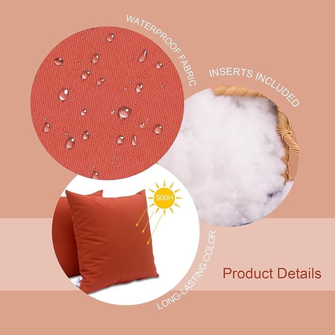 Outdoor/Indoor Throw Pillows, Pack of 2 Waterproof Decorative Throw Pillows with Inserts, 18”x18” Square Pillows for Bed, Couch, Sofa and Patio Furniture