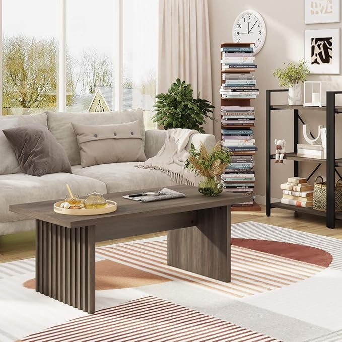 BON AUGURE Fluted Coffee Table, Wood Living Room Tables, Rectangle Coffee Tables for Living Room, Center Table for Home, Office (Greige Oak, 43Inch)