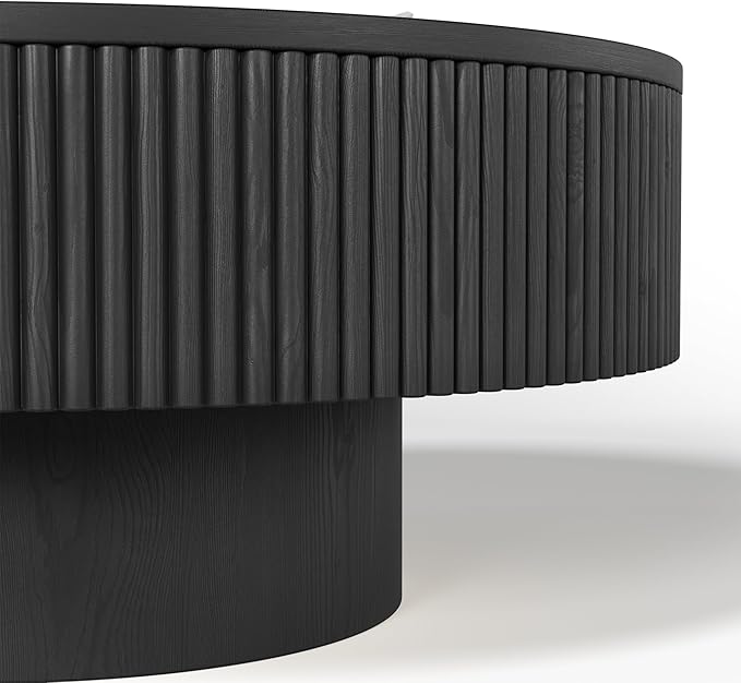 35” Round Fluted Coffee Table, Modern Wood Circle Coffee Table, Veneer Handcrafted Relief Tea Table with Sturdy Pedestal for Living Room - Black
