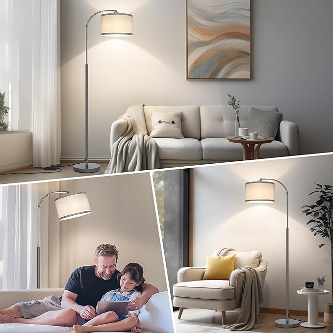 Boncoo Dimmable Floor Lamp, Arc Floor Lamps for Living Room, Stepless Dimmable Standing Lamp with Adjustable Drum Shade, Modern Arched Corner Light for Bedroom, Office, LED Bulb Included