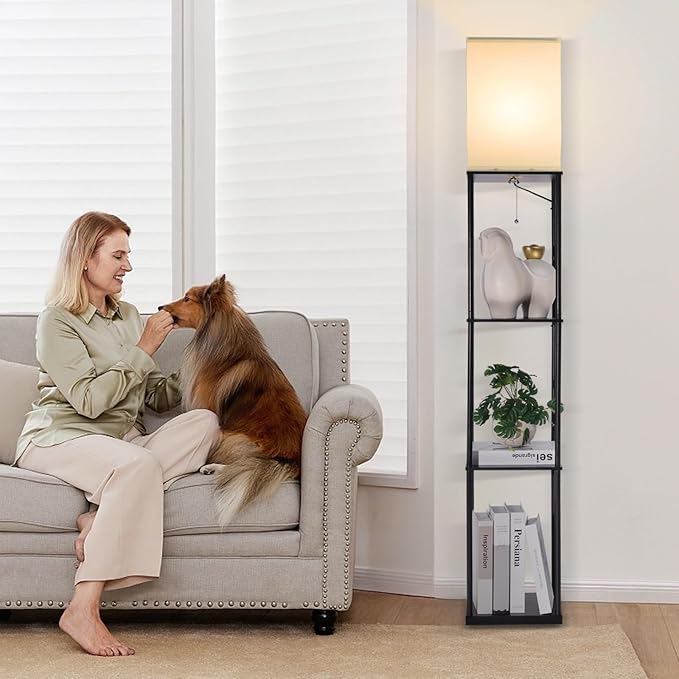 Floor Lamp with Shelves, Modern Square Standing Lamp with 3 Color Temperature Bulb, Corner Display Bookshelf Lamp for Living Room, Bedroom and Office (Black)