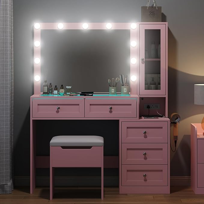 Pink Vanity Desk with Illuminated Mirror & Power Outlet,Vanity with RGB Light Strip and 12 LED Lights,Vanity Table with Chair,Set 3 Lighting Modes Brightness Adjustable