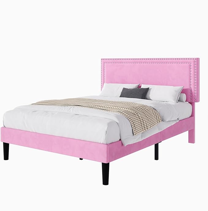 VECELO Full Size Bed Frame with Adjustable Upholstered Headboard, Wooden Slats Platform, Noise-Free Design, Easy Assembly
