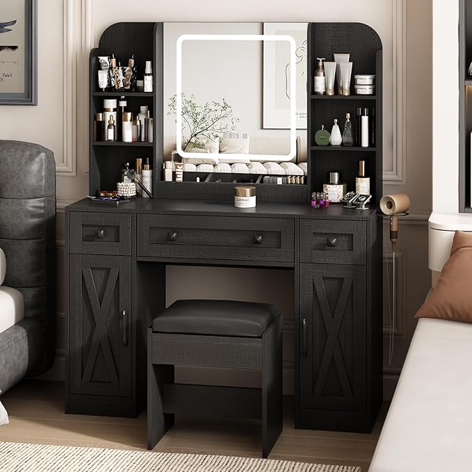 Vabches Black Vanity Desk, Vanity Mirror with Lights, Makeup Desk with Stool, Makeup Table with Large Storage Drawers and Shelves, Time and Temperature Display, 3 Led Lighting Modes Adjustable