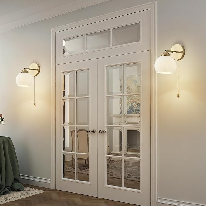 Gold Wall Sconce, mid Century Modern Sconce with Hand Pull Switch Indoor Wall Sconce for Bedroom Bedside Bathroom Kitchen Vanity Hallway Wall Mounted Light Fixture