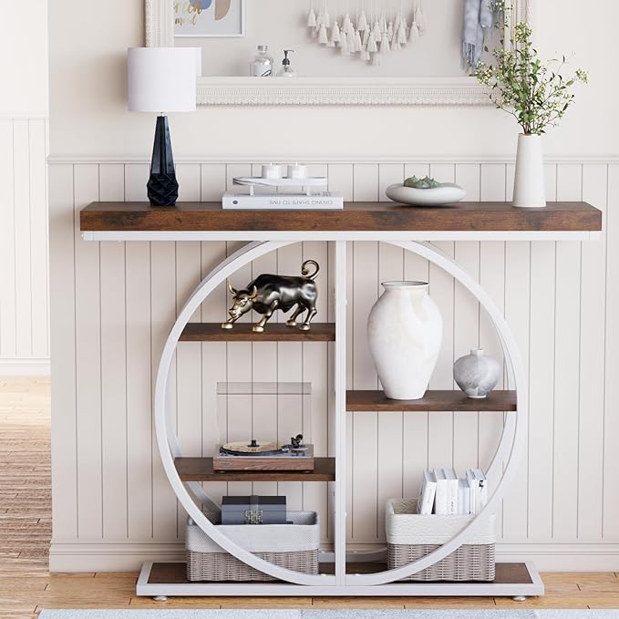 41.3" Console Table for Entryway, Industrial Hallway Sofa Table with Storage Shelves, Narrow Accent Decor Living Room Furniture with Circle Base for Foyer, Entrance, Brown White