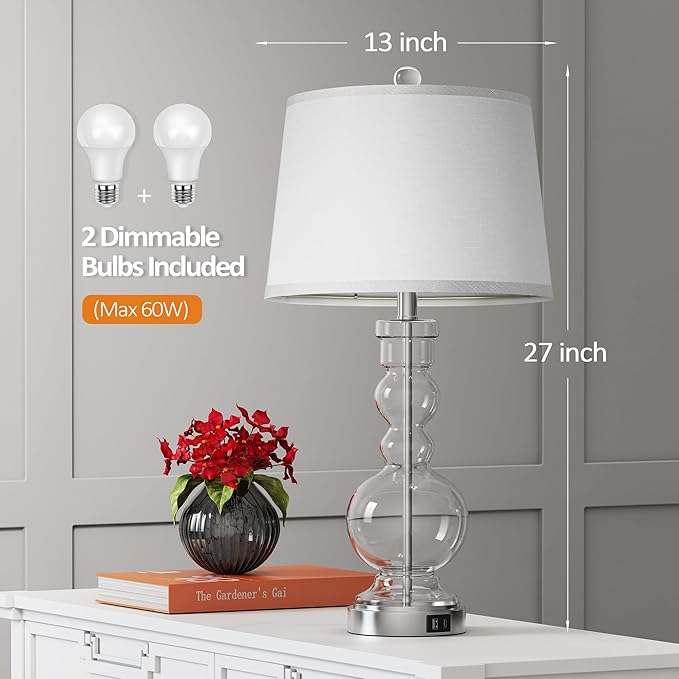 Hamucd 3-Way Dimmable Touch Control Clear Grey Glass Table Lamps Set of 2 with USB A+C for Modern Comtemporary Bedroom Nightstand Living Room Decor(Bulbs Included) (Clear)