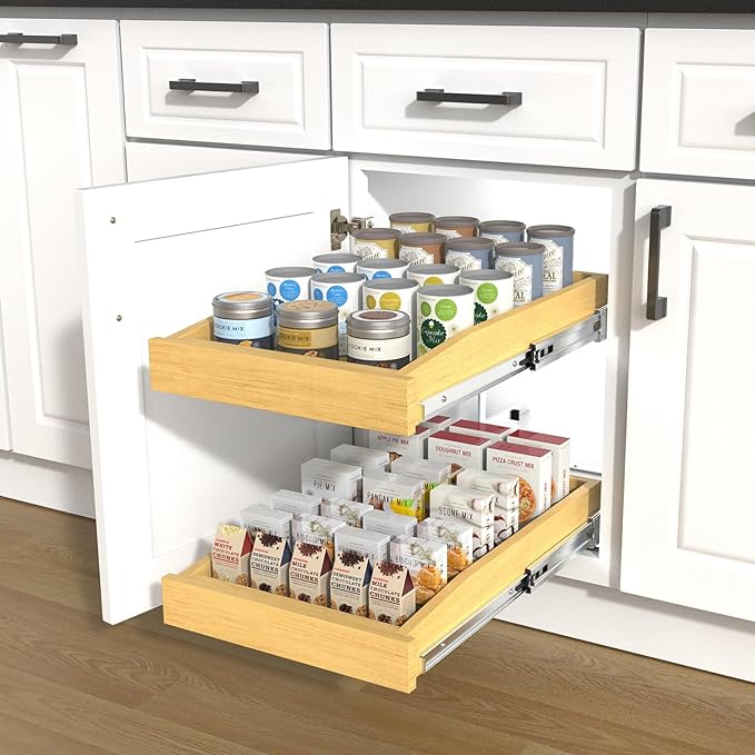 2 Tier Pull Out Cabinet Organizer, 14"W x 21"D Solid Wood Heavy-Duty Base Bottom Assembly Slide out Drawer Shel Cabinet Organization for Kitchen, Pantry, Bathroom