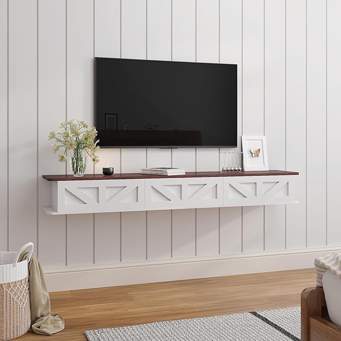White Floating TV Stand for 43 55 65 70 inch TV, Entertainment Center Media TV Console Shelf and Storage Drawers for Wall for Living Room Bedroom (White Floating TV Stand)