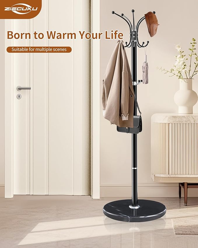 Metal Coat Rack with Natural Marble Base,360°Rotary Coat Rack Stand with 14 Hooks,Modern Freestanging Coat Racks for Entryway,Office,Black Coat Jacket Hanger Tree Stand for Coats, Scarves