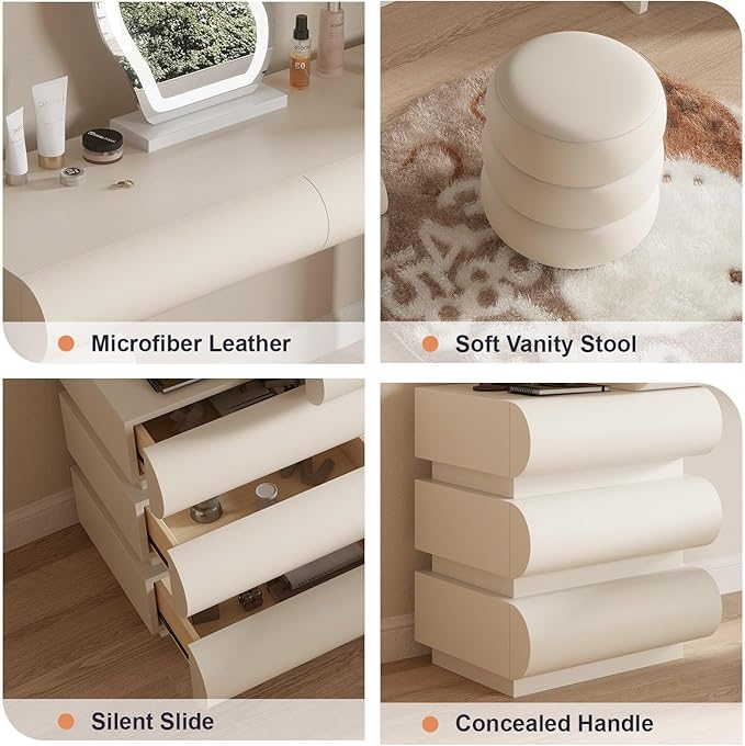 Makeup Vanity Desk with Mirror and Lights, Luxury Dressing Table with Free Retractable Side Cabinet, Microfibre Leather Wrapped Vanity Set with 5 Solid Wood Drawers, Stool-39.4in / White