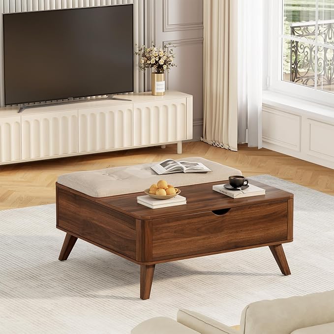 VOPEAK Lift Top Coffee Table with Storage, Large Square Coffee Table with Thickened Cushion, Family Gathering Center Table, Modern Wooden Coffee Tables for Living Room, Solid Wood Legs, Walnut