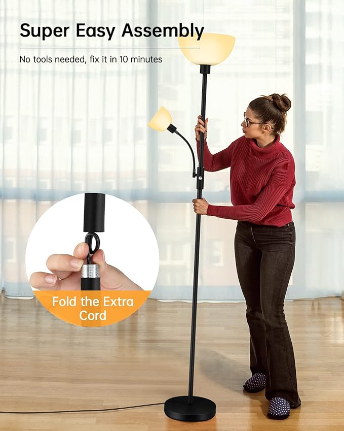 Floor Lamps for Living Room Black, 71" Tall Pole Bedroom Light, Bright Floor Lamp with Adjustable Reading Light, Simple Standing Lamp, White Plastic Lampshade, 3-Way Rotary Switch, Modern Mid-Century