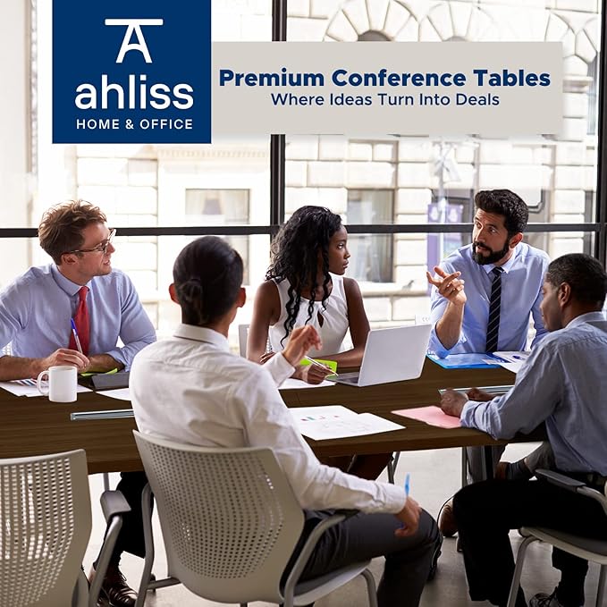 Sturdy Conference Table with Cable Management Grommets Modern Rectangle Office Meeting Table with Wood Tabletop and Metal Frame & Legs- Easy Assembly Boardroom Table (Dark Brown, 10 Foot)