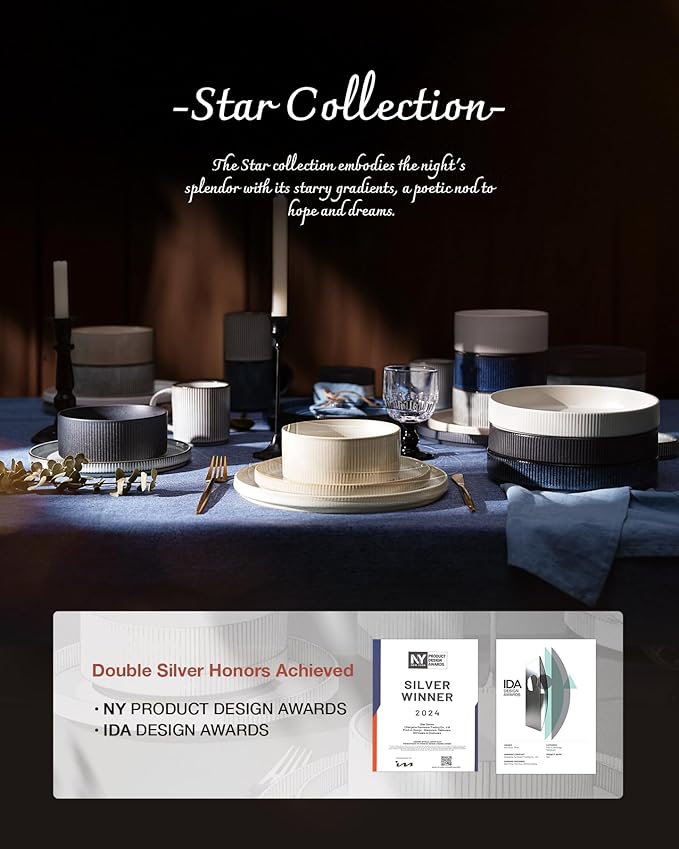 Famiware Star Dinnerware Set, Plates and Bowls Sets for 8 (24pcs), Ribbed Stoneware Dishes - Chip & Scratch Resistant, Microwave & Dishwasher Safe, Multicolor - Cappuccino White & Smoky Blue