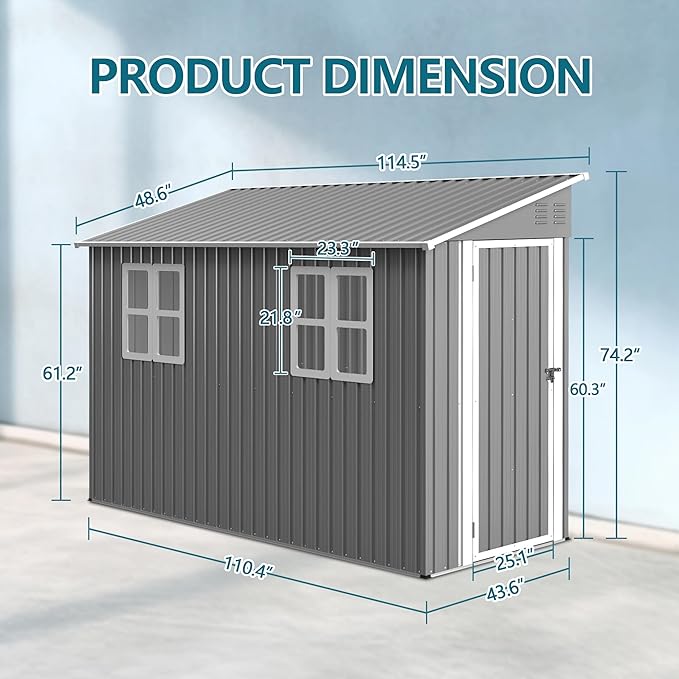 4x10 Ft Outdoor Metal Shed, Heavy-Duty Storage Shed with Floor Kit for Tools and Bikes, Lean to Shed with Left/Right Door and 2 Windows